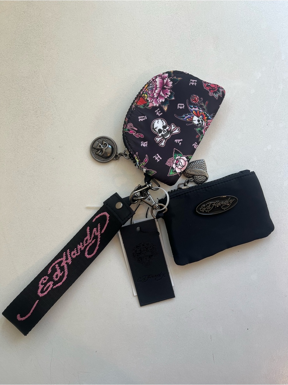 Ed Hardy Black & Pink Keychain Wristlet Coin/Card Pouch Set